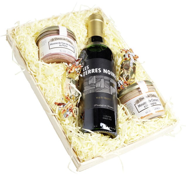 Panier gourmand 1 bouteille vin rouge/2 p&acirc;t&eacute;s/2 papillotes chocolat