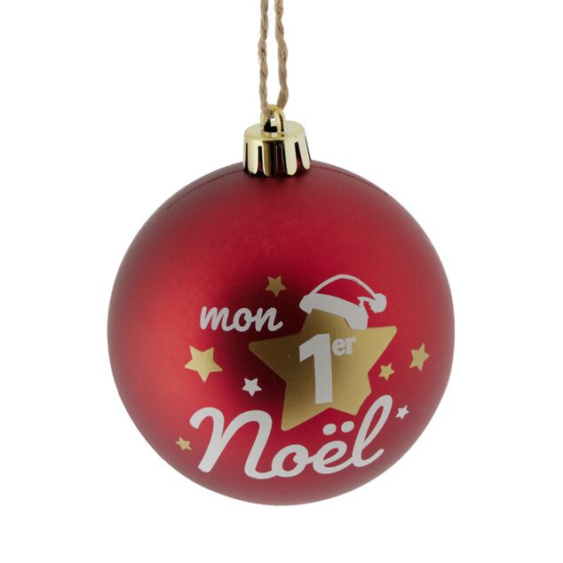 Boule de No&euml;l "Mon 1er No&euml;l" rouge ou blanche &Oslash;8cm - 2 coloris