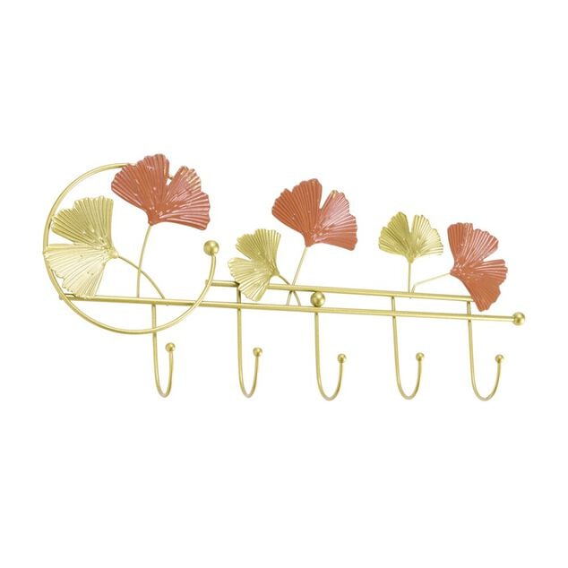 Pat&egrave;re 5 crochets d&eacute;co feuillage m&eacute;tal dor&eacute; et orang&eacute; L47xH21,5cm