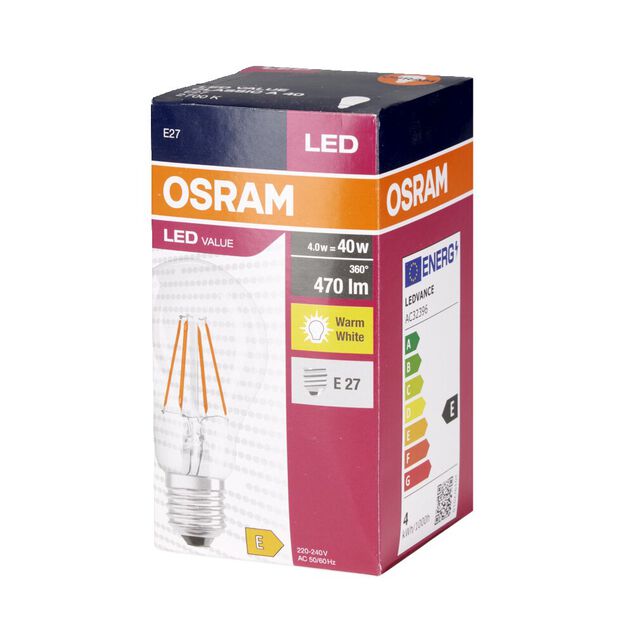 Ampoule LED filament E27 A60 blanc chaud Osram 4W=40W 470lms classe E
