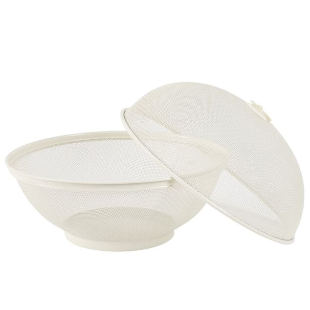 Corbeille &agrave; fruits avec cloche m&eacute;tal grillag&eacute; blanc cr&egrave;me &Oslash;28,5xH22cm