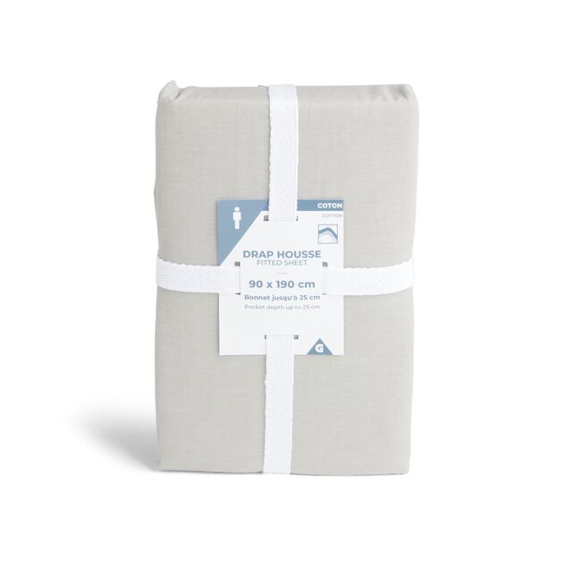 Drap housse 90x190cm 100% coton gris clair