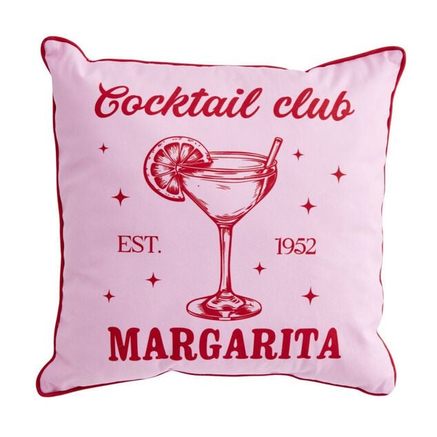 Coussin carr&eacute; inscription Cocktail Club Margarita rose et rouge 40x40cm