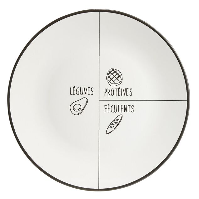 Assiette plate ronde motif emplacement l&eacute;gumes prot&eacute;ines f&eacute;culents fa&iuml;ence &Oslash;26cm