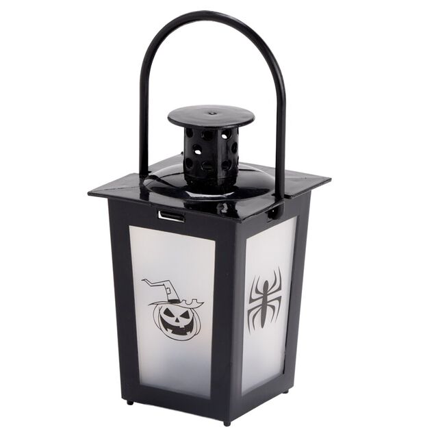 Lanterne Halloween LED d&eacute;cor citrouille plastique noir 7,5x7,5xH15,5cm (2 mod&egrave;les)