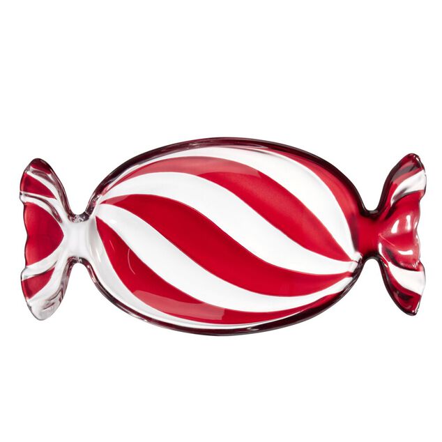 Coupelle en verre forme bonbon ray&eacute; L20X9XH2,5 cm rouge et blanc