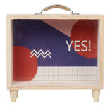 Tirelire bois bleu et blanc motif rond rouge inscription Yes