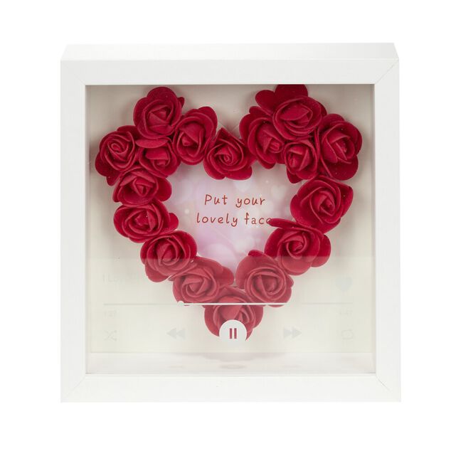 Cadre photo bois blanc avec coeur en roses rouges inscription I Love You 20x20cm