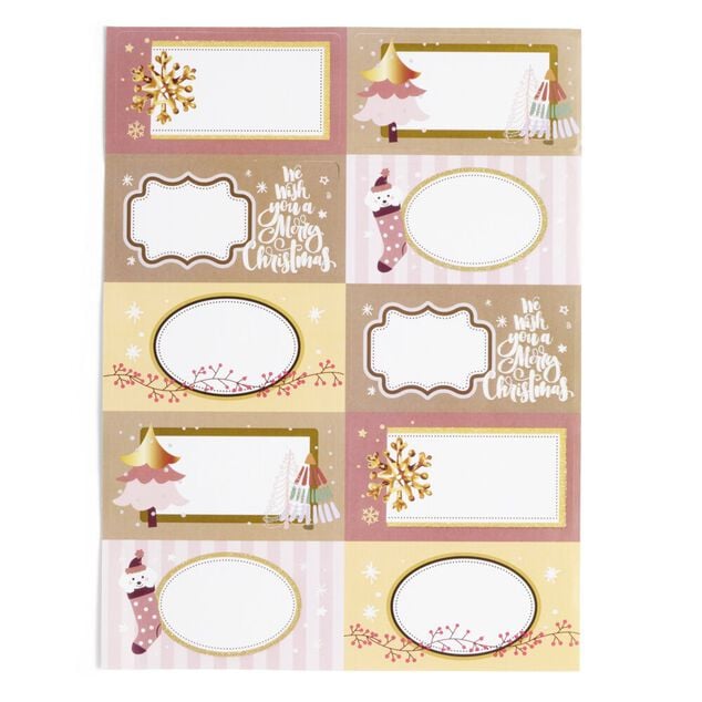 &Eacute;tiquette cadeau autocollante Merry Christmas rose 4x8cm x10