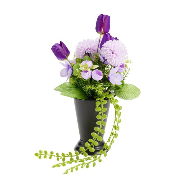 Composition florale artificielle multifleur violette vase lest&eacute; &Oslash;20xH33cm