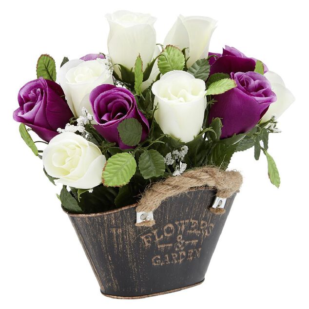 Jardini&egrave;re m&eacute;tal fleur artificielle H24 cm violet