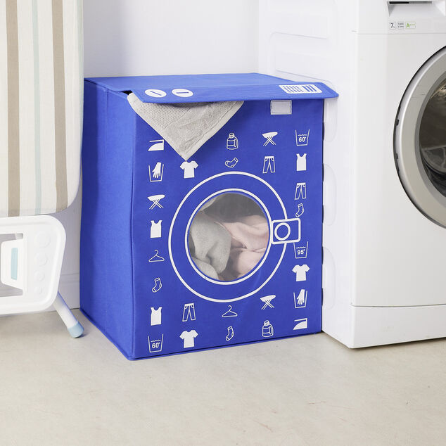 Panière de rangement à linge décor machine à laver bleu 44x35x55cm