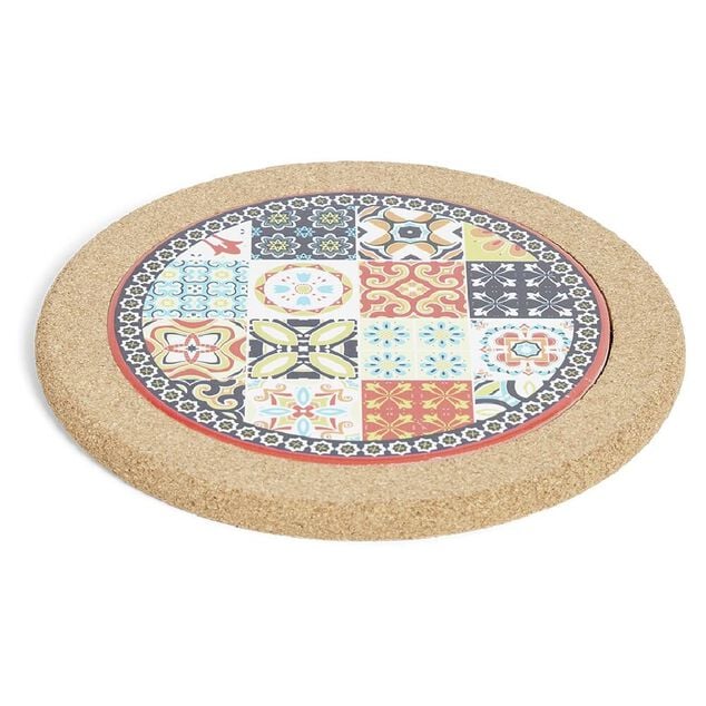 Dessous de plat rond en c&eacute;ramique design carreau de ciment &Oslash;20cm