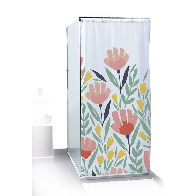 Rideau de douche motif floral et feuillage bleu vert rouge 180x200cm
