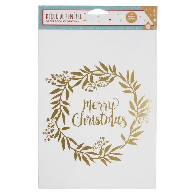 D&eacute;coration fen&ecirc;tre No&euml;l &eacute;lectrostatique guirlande couronne Merry Christmas rouge ou dor&eacute;