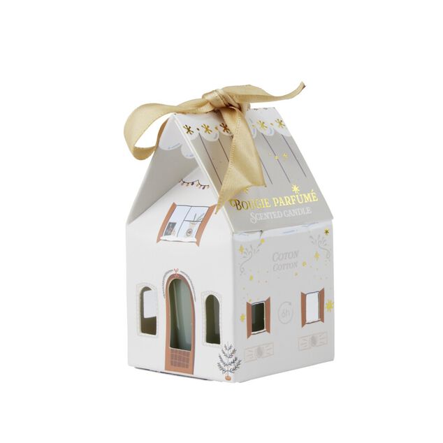 Bougie dans verre boîte cadeau maisonnette H4,5cm (6 modèles)