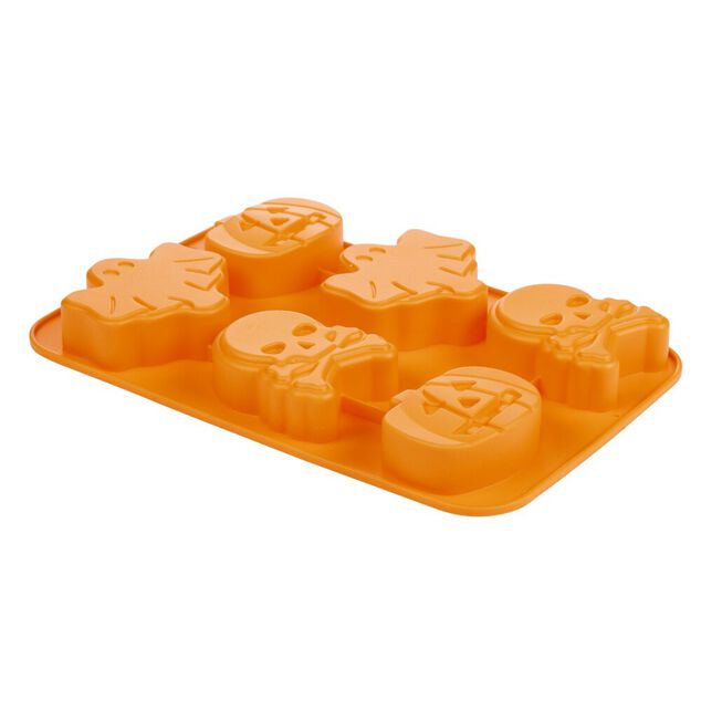 Moule &agrave; g&acirc;teau Halloween x6 silicone orange 18x27cm