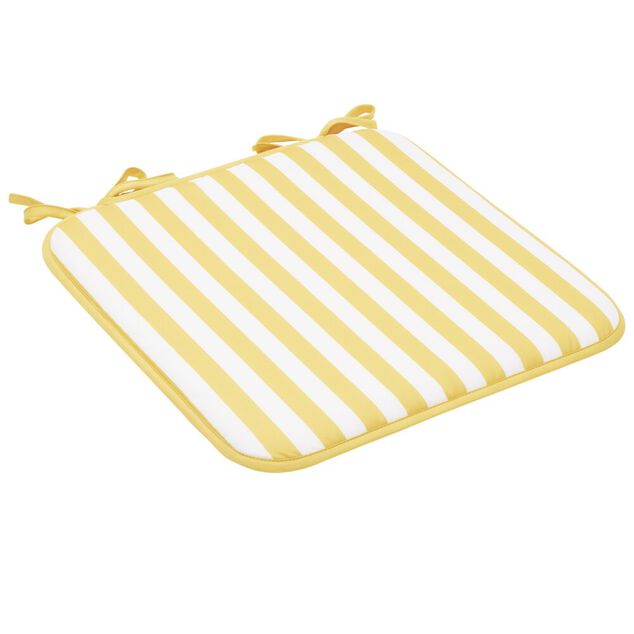 Galette de chaise carr&eacute;e rayures bayad&egrave;res blanches et jaunes 40x40cm