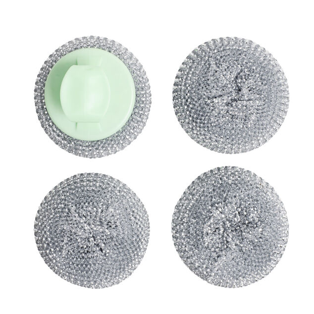 Éponge boule grattante x4 acier inox Ø8cm avec 1 poignée