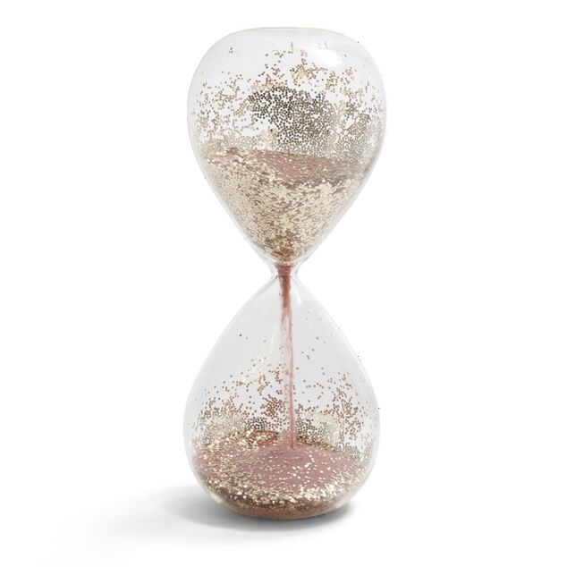 Sablier verre sable rose et paillettes dor&eacute; &Oslash;8xH20cm