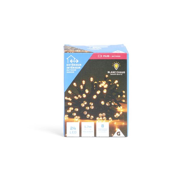 Guirlande lumineuse 24LED blanc chaud &agrave; piles 1,7m
