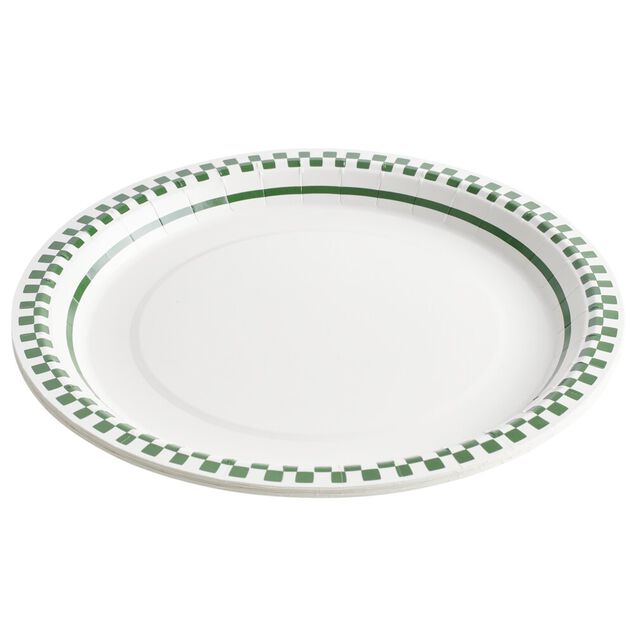Assiette carton x8 blanc contour quadrillage vert et blanc &Oslash;23cm