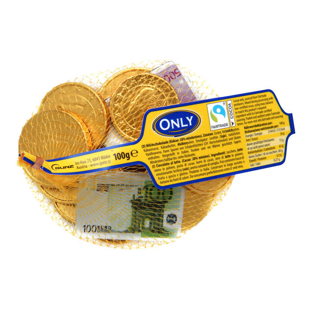 Lot de pi&egrave;ces dor&eacute;es et billets en chocolat au lait 100Gr dans filet