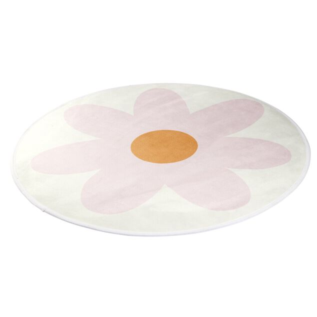 Tapis rond blanc motif fleur &Oslash;90cm (2 mod&egrave;les jaune ou rose)