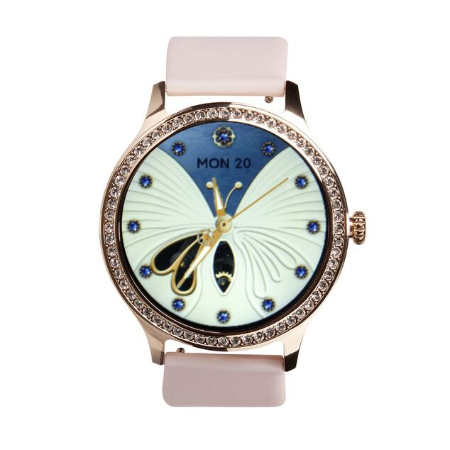 Montre connectée ronde strass bracelet silicone Ø5cm (2 modèles blanc ou rose)