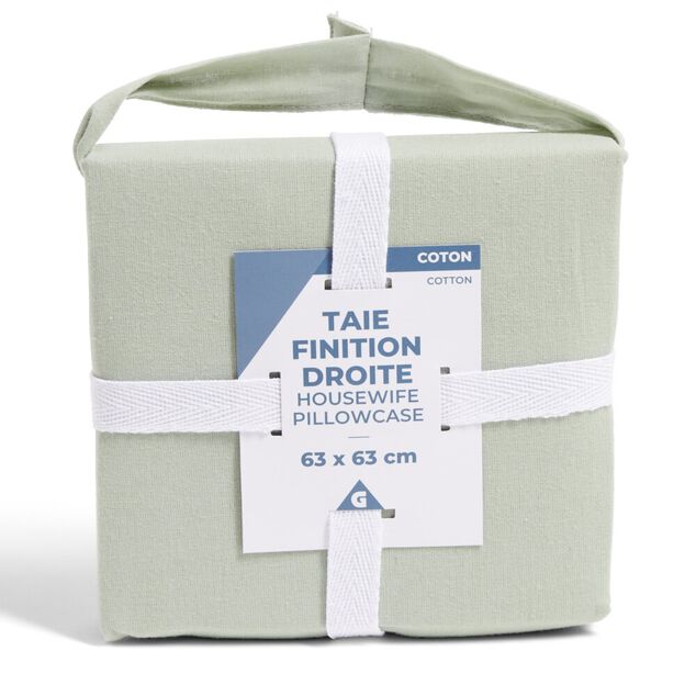 Taie d'oreiller 63x63cm 100% coton finition droite vert c&eacute;ladon