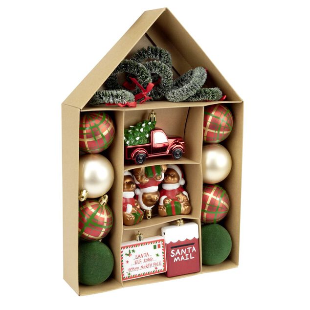 Kit d&eacute;coration sapin de No&euml;l traditionnel rouge et vert 20 pi&egrave;ces