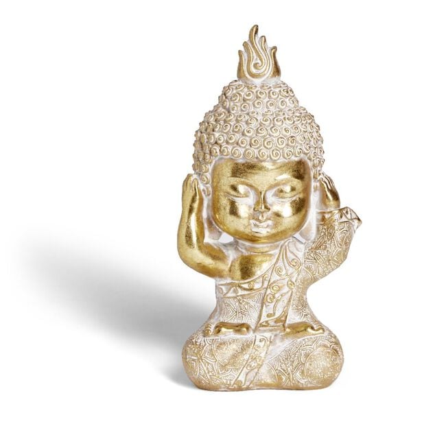 Bouddha de la sagesse Je n'entends rien r&eacute;sine dor&eacute; H19cm