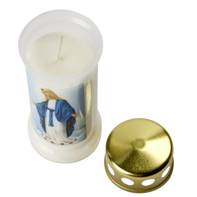 Bougie religieuse cire Vierge Marie plastique blanc &Oslash;6,5xH17cm