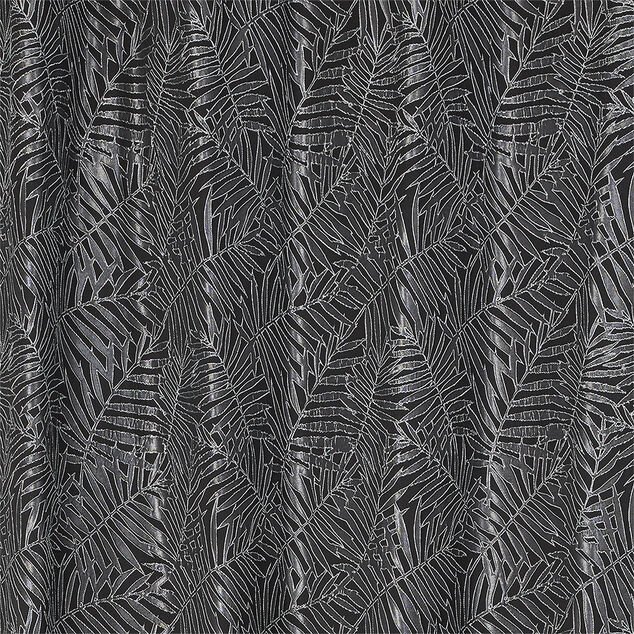 Rideau jacquard &agrave; oeillets motif feuille tropicale noir et gris