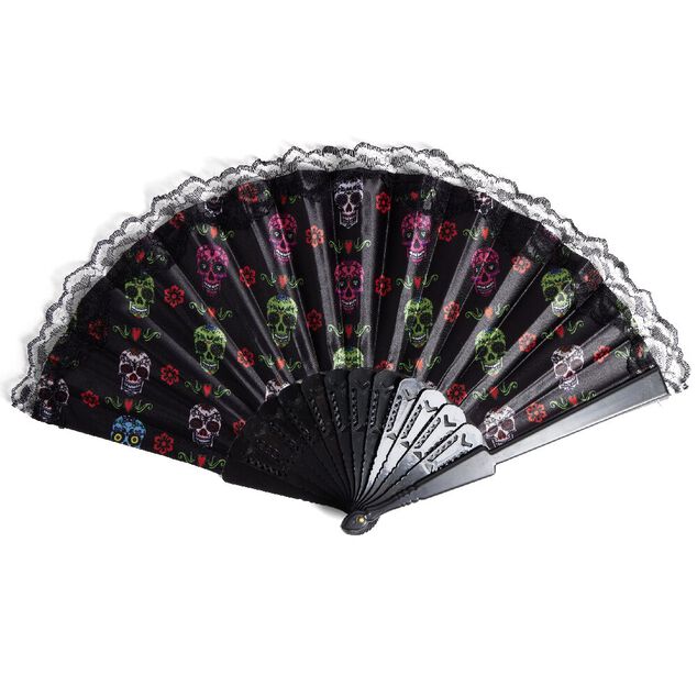 &Eacute;ventail Halloween pliant t&ecirc;te de mort mexicaine 43x23cm