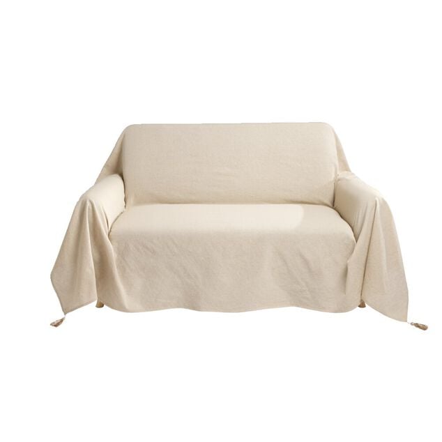 Jet&eacute; de canap&eacute; &agrave; pompons 170x250cm coton recycl&eacute; noir ou beige