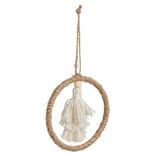 Décoration pompon dans cercle à suspendre beige Ø10cm