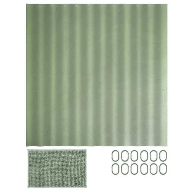 Rideau de douche avec anneaux et tapis salle de bain chenille (2 mod&egrave;les gris ou vert)