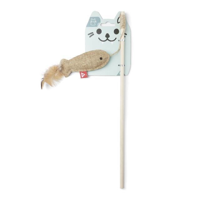 Jouet pour chat en bois avec plume et poisson L40cm