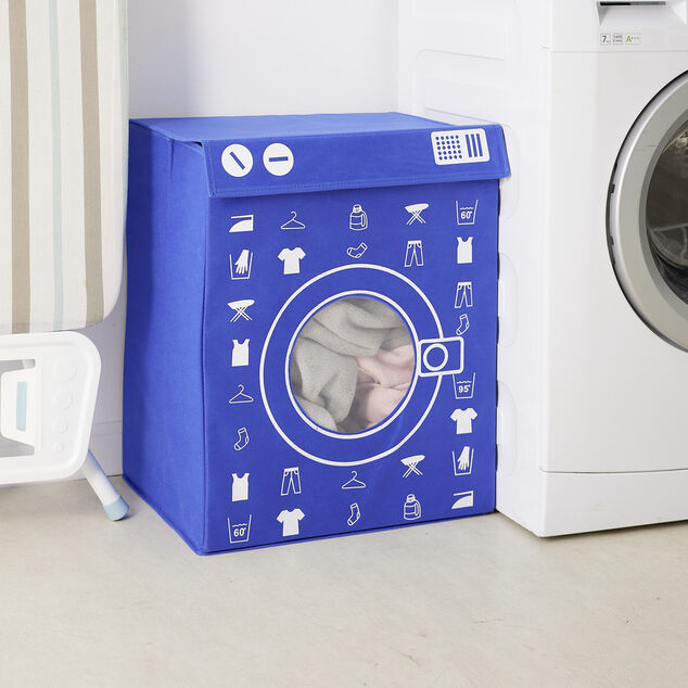 Panière de rangement à linge décor machine à laver bleu 44x35x55cm