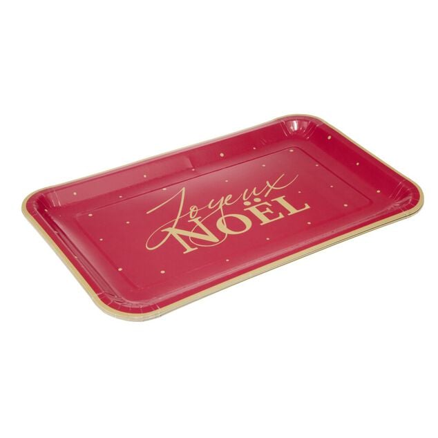 Plateau rectangulaire X8 pcs inscription Joyeux No&euml;l L30X19XH1,5 cm rouge