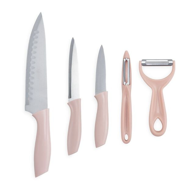 Couteau de cuisine x3 et &eacute;plucheur x2 inox (2 mod&egrave;les vert c&eacute;ladon ou rose)