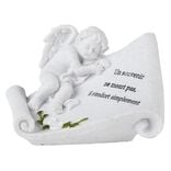Plaque fun&eacute;raire + d&eacute;cor statuette ange couch&eacute; r&eacute;sine blanc