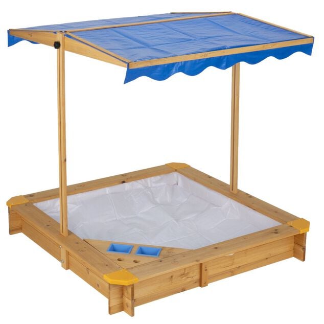 Bac &agrave; sable avec toit inclinable en bois et toile bleue 118x118xH118cm