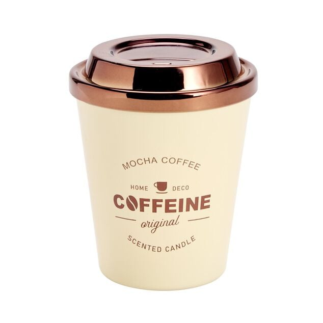 Bougie pot forme tasse caf&eacute; avec couvercle m&eacute;tallis&eacute; &Oslash;9,5xH11cm (3 mod&egrave;les)