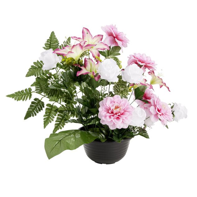 Composition florale artificielle dalhia/lys/roses blanc et rose H52cm