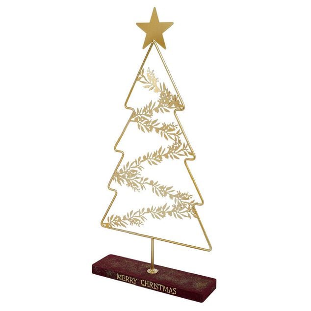 Sapin de No&euml;l sur socle Merry Christmas &agrave; poser m&eacute;tal dor&eacute; 35x10xH75cm