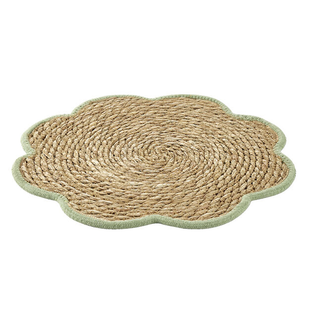 Set de table jonc de mer tress&eacute; et coton forme fleur contour vert &Oslash;38cm