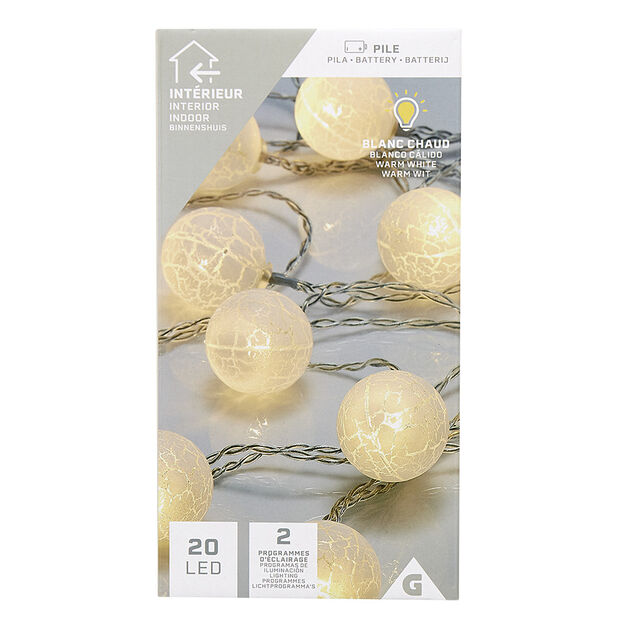 Guirlande lumineuse de No&euml;l boule effet craquel&eacute; blanc 20 led