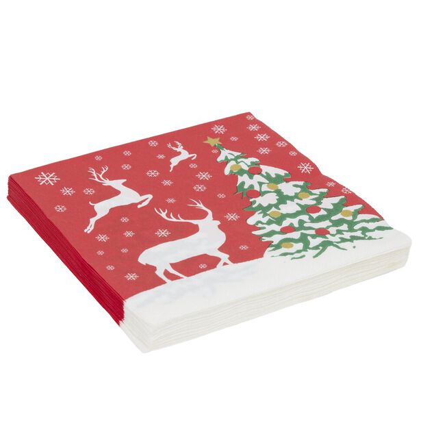 Serviette en papier 4 plis X20 pcs imprim&eacute; paysage enneig&eacute; et rennes 33X33 cm rouge
